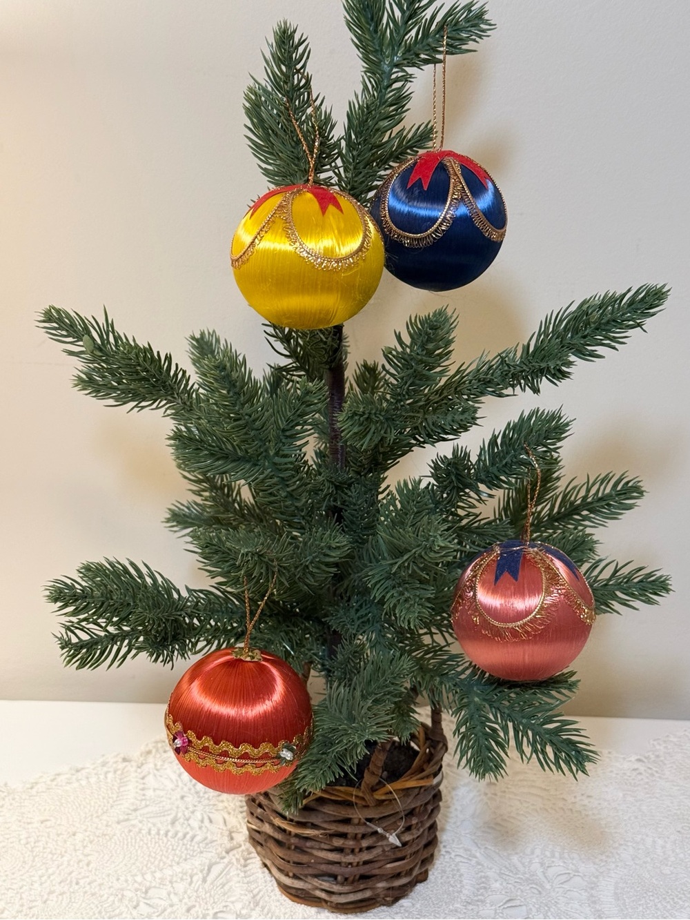 Vintage 1970s Satin Ribbon Christmas Ornaments - Set of 4 (2-Inch)